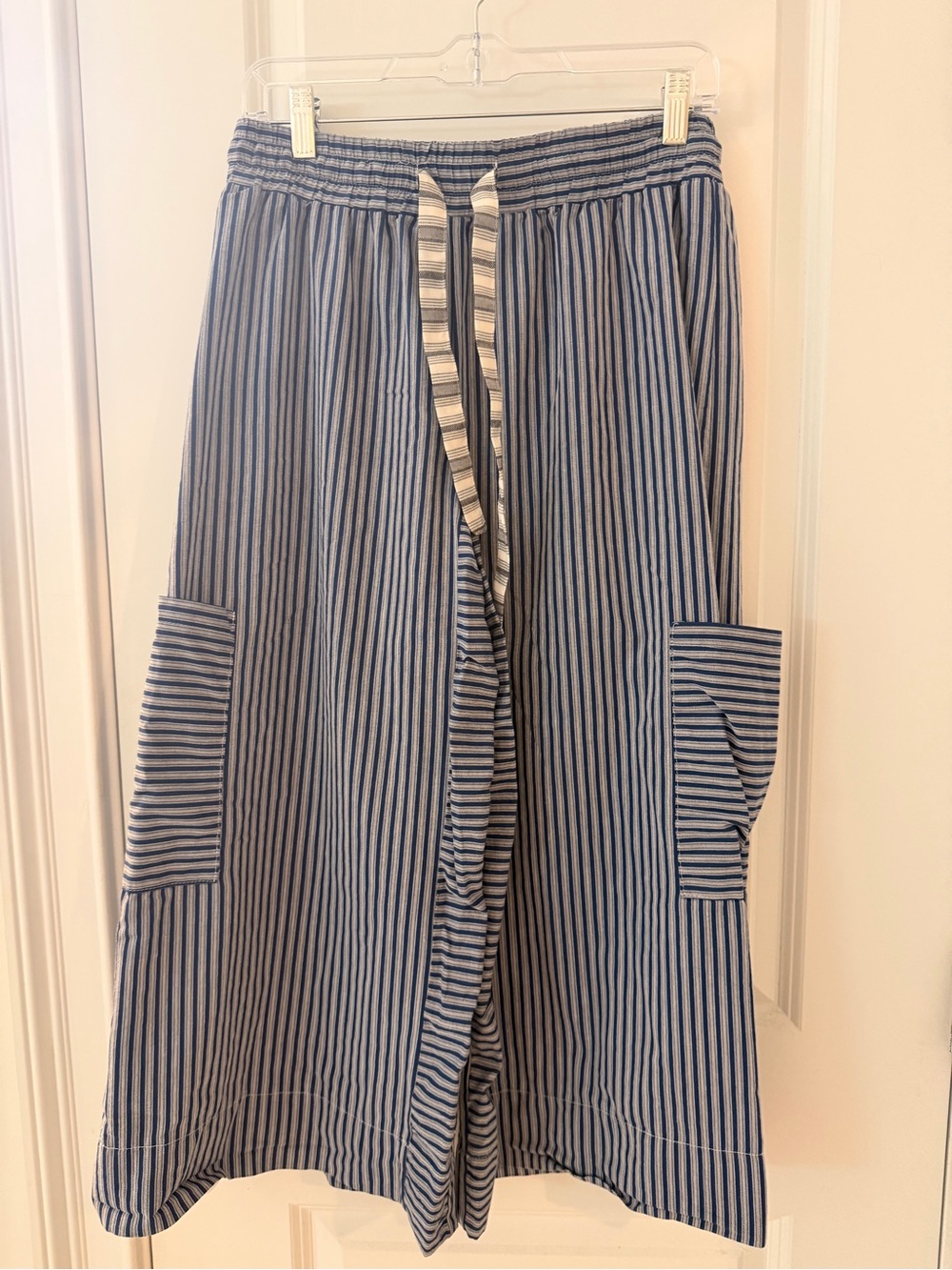 Striped Blue and White Cotton Midi Skirt with Pockets-Shein